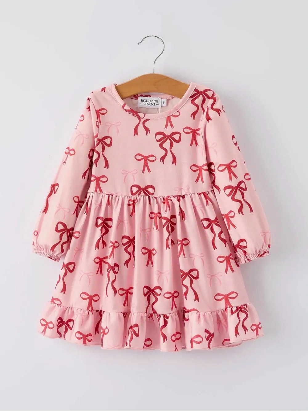 Rylee Faith Pink Bow Print Girls Dress With Ruffle Hem Toddler 7T